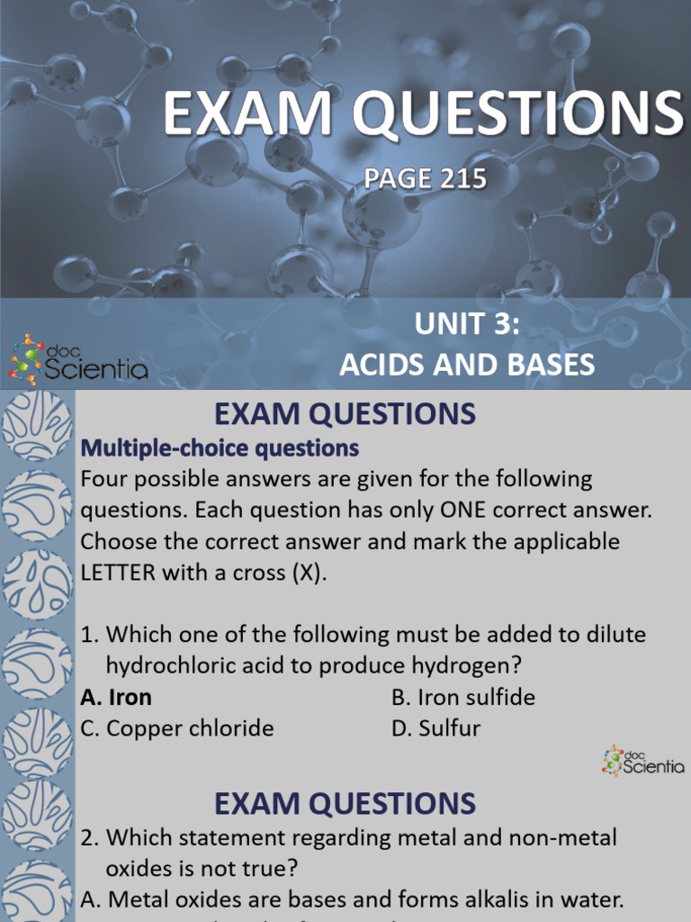 Acids and Bases Exam Questions Guide | PDF | Acid | Chemical Reactions