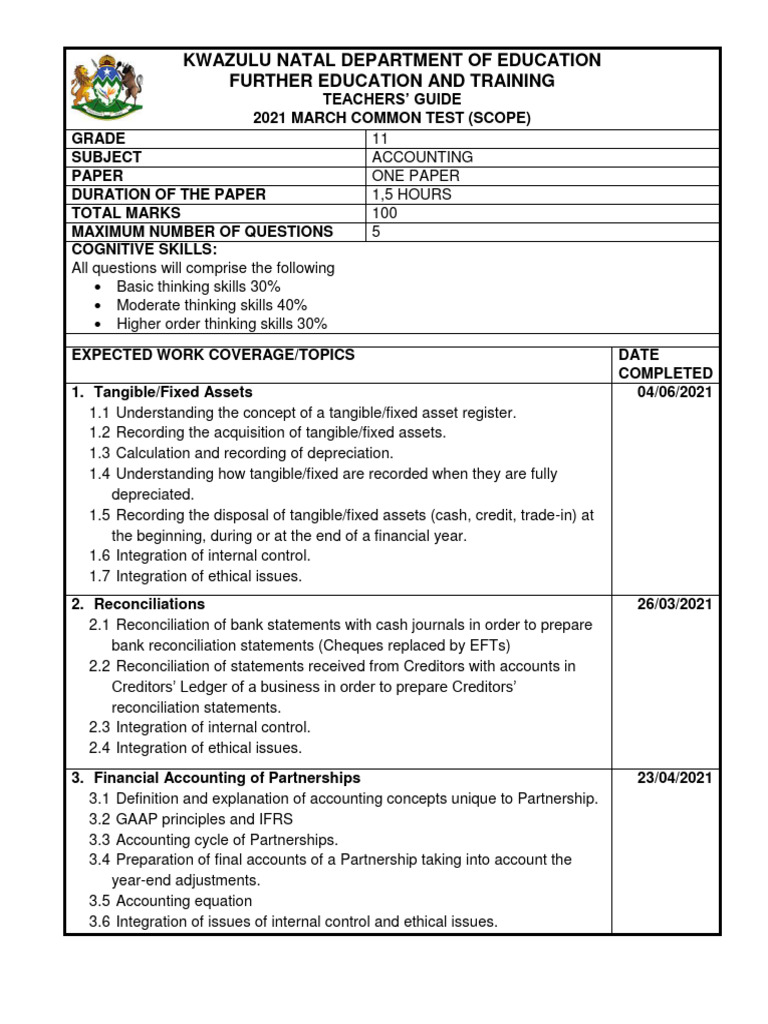 Grade 11 Accounting Test Scope 2021 | PDF | Accounting | Financial ...