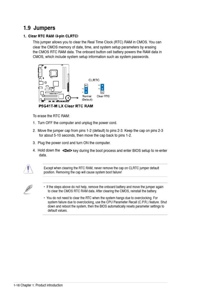 Clear RTC RAM Procedure for ASUS P5G41T-M LX | PDF