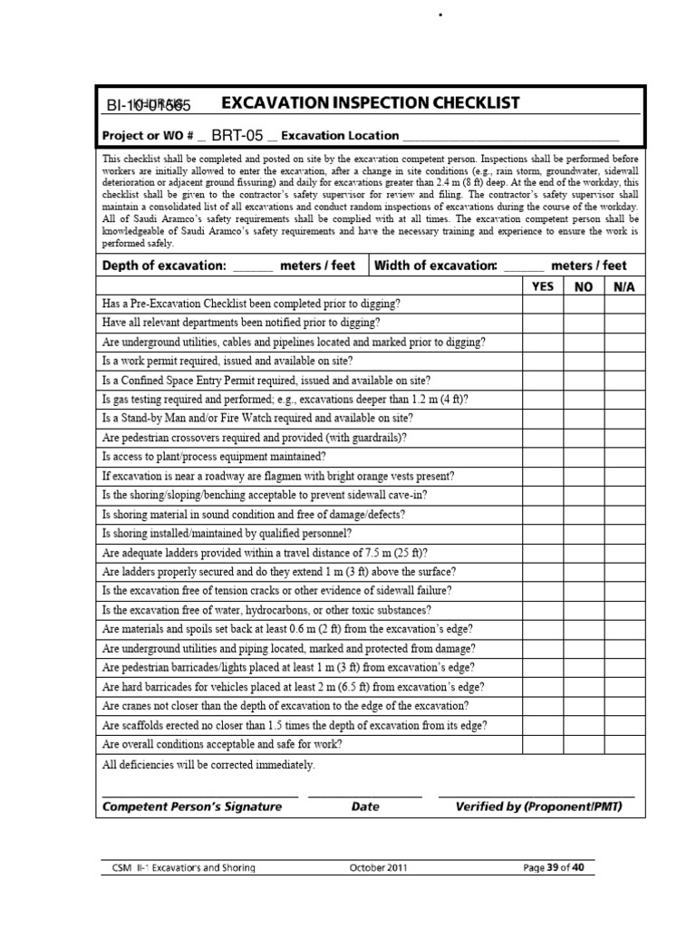 Excavation Safety Checklist for Compliance | PDF | Tire