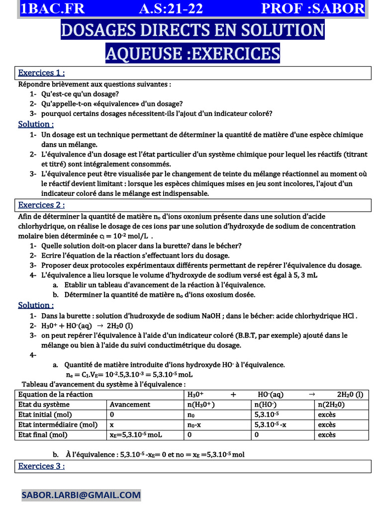 Dosages en solution aqueuse : exercices pratiques | PDF | Acide | Acide ...