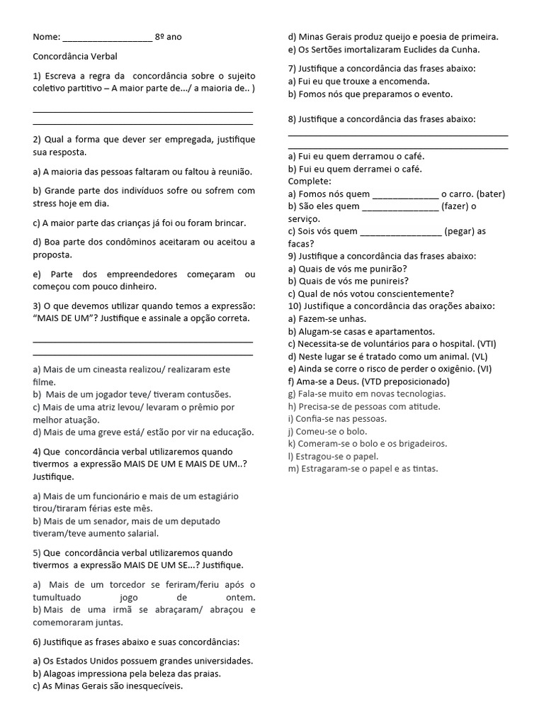 Concordância Verbal: Exercícios 8º Ano | PDF