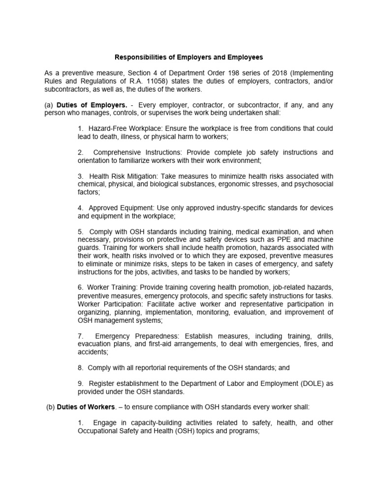 Responsibilities Of Employers And Employees Pdf Occupational Safety