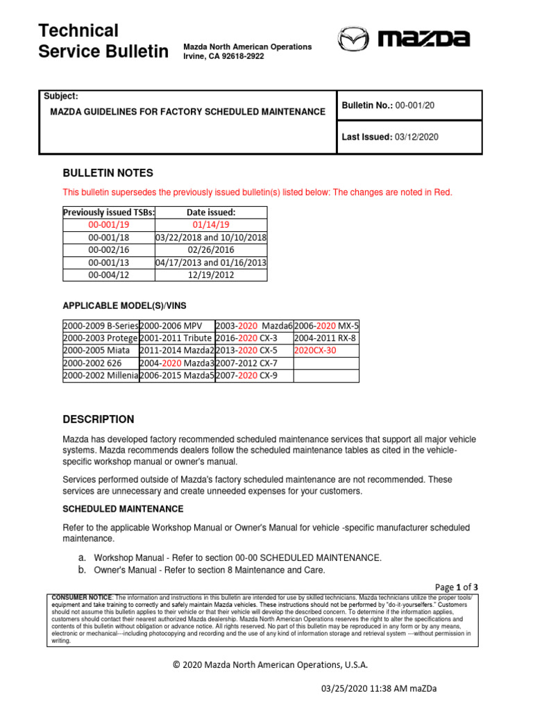 Mazda Factory Scheduled Maintenance Guidelines | PDF | Vehicle ...