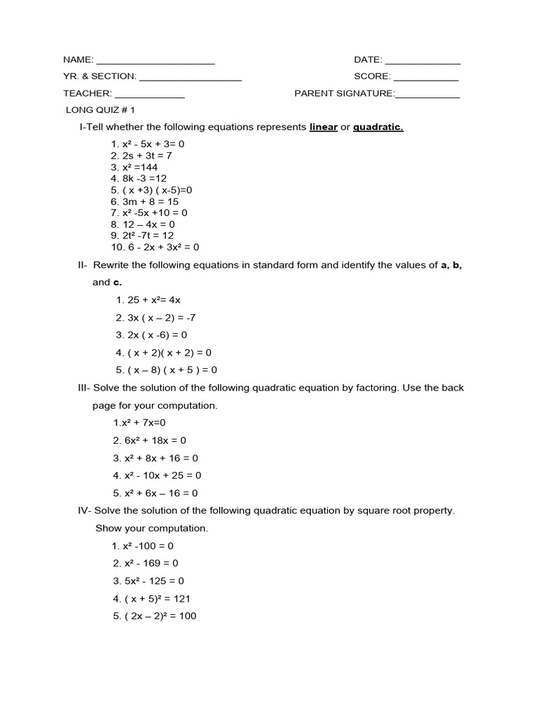 Doc1-Long Quiz On Quadratic Equation | PDF | Equations | Quadratic Equation
