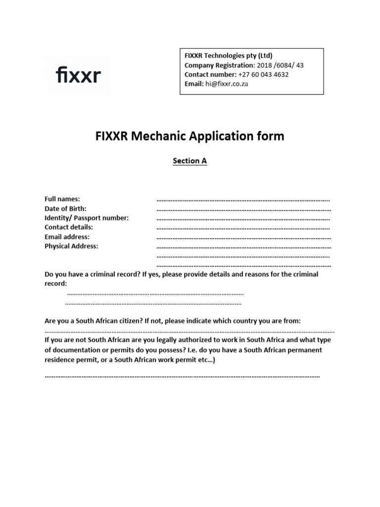 FIXXR Mechanic Application Form PDF