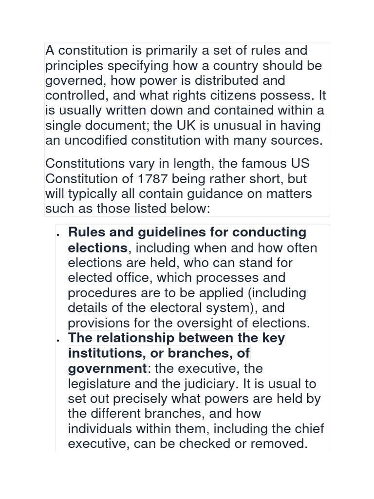 A Constitution Is Primarily A Set of Rules and Principles Specifying ...