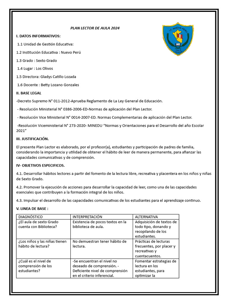 Plan Lector Aula Sexto Grado 2024 | PDF | Comprensión lectora | Salón ...
