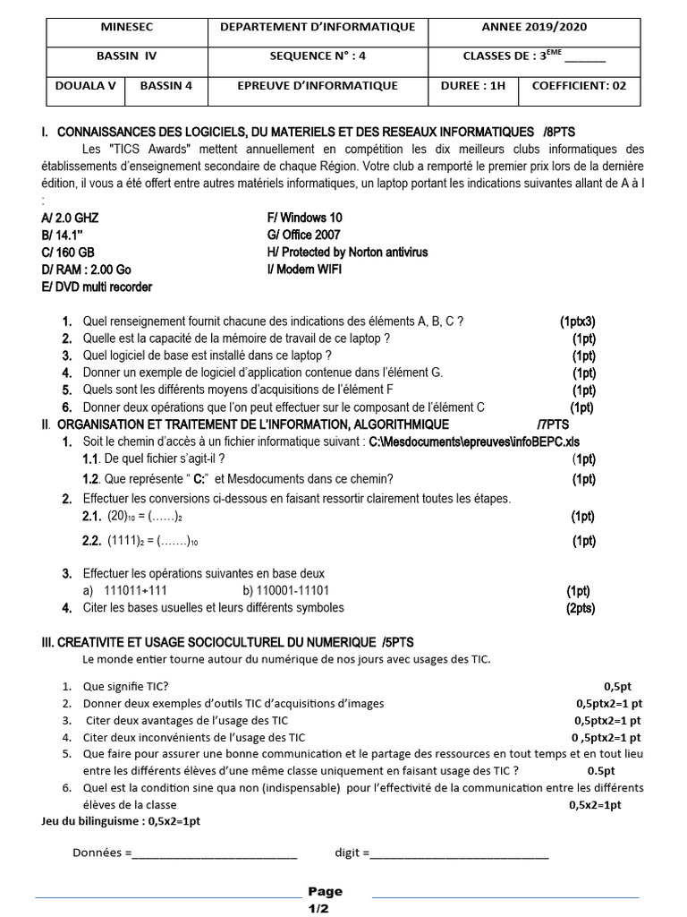 Épreuve d'informatique : connaissances et compétences | PDF ...