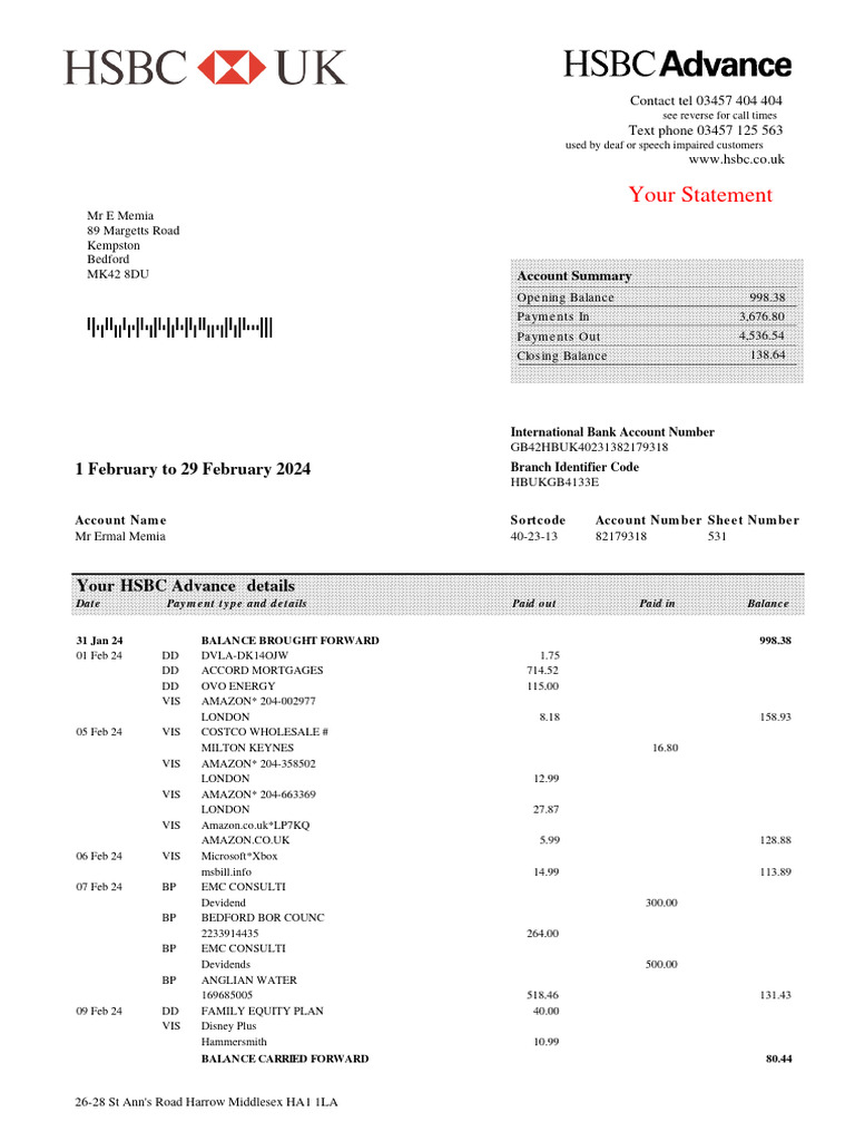HSBC Account Statement Summary February 2024 | PDF | Overdraft ...