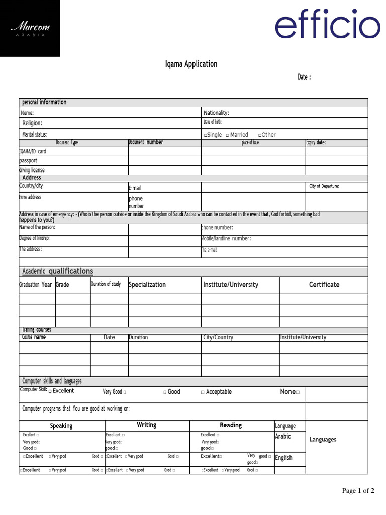 Iqama Application Form Template | PDF