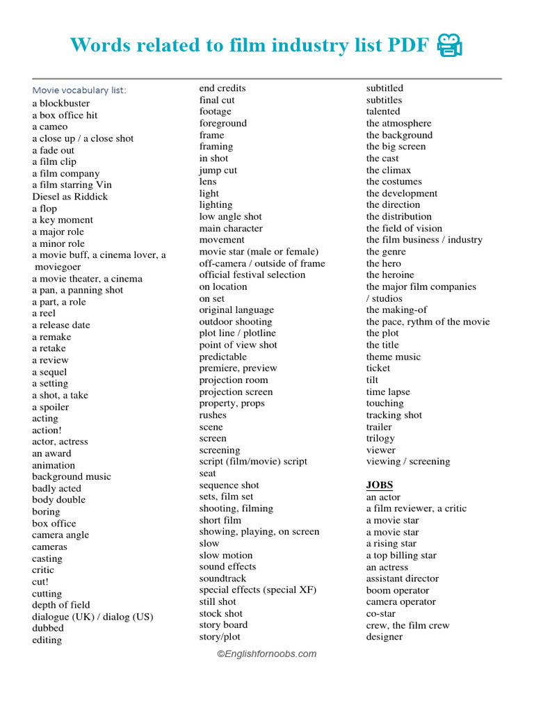 Words Related To Film Industry List Pdf Filmmaking Movie Theater