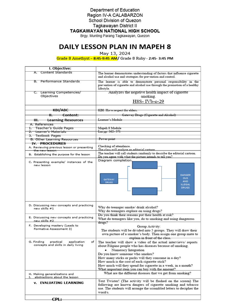 Daily Lesson Plan in Mapeh 8 4th QRTR PDF Free | PDF | Learning ...