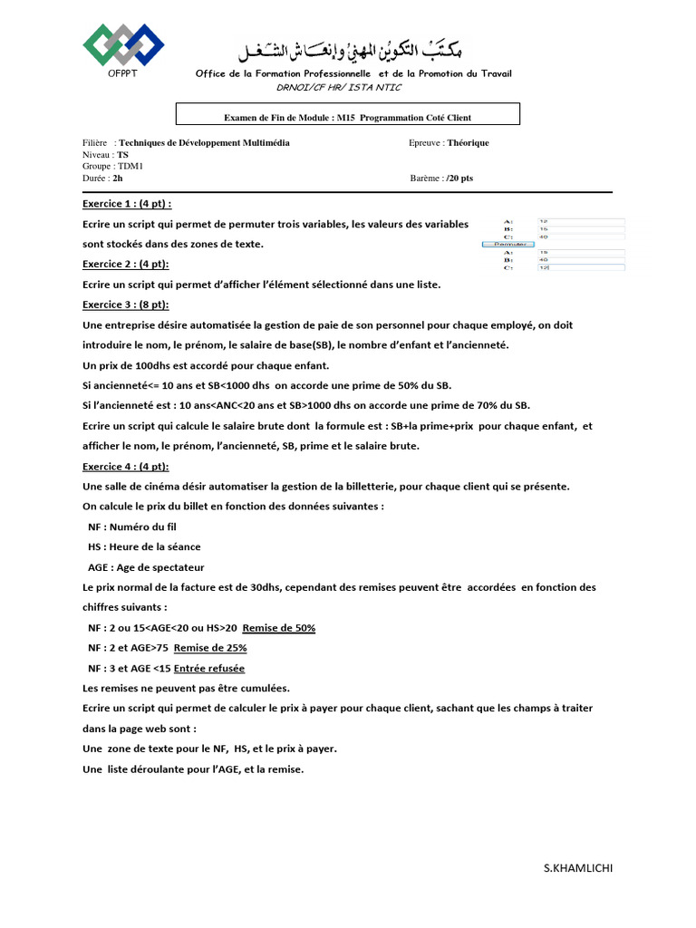 Examen M15 : Programmation JavaScript OFPPT | PDF | Évolution de ...