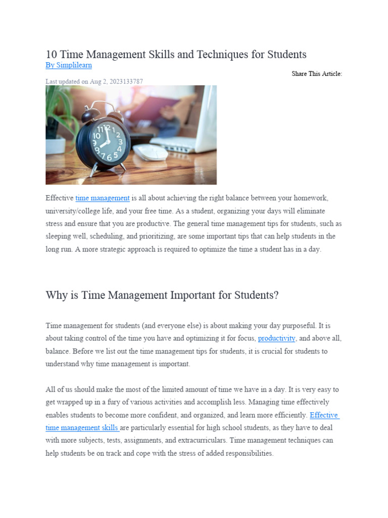 10 Time Management Skills and Techniques For Students | PDF | Time ...