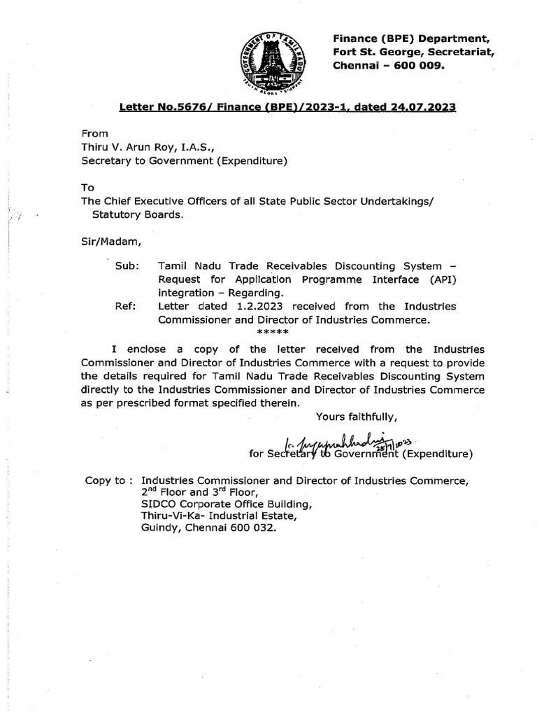 Letter No. 5676 Dated 24.7.2023 TN TReDS - Request For API Integration ...