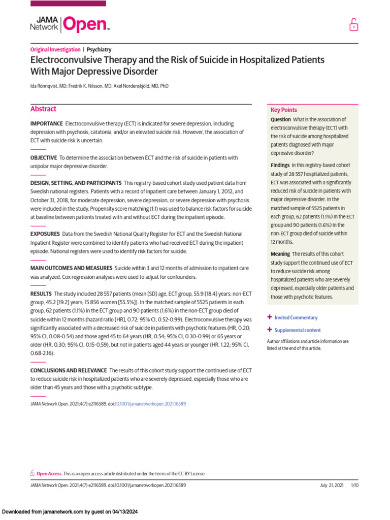 Electroconvulsive Therapy and The Risk of Suicide in Hospitalized ...