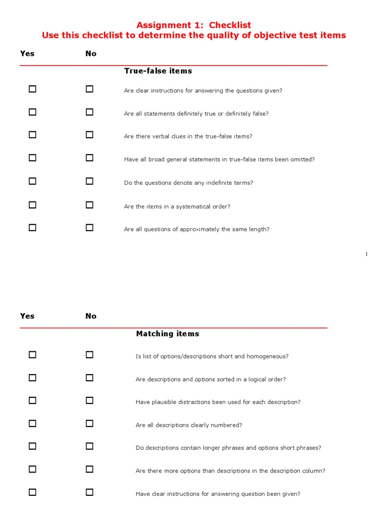 Objective Test Item Quality Checklist | PDF | Question | Linguistic ...