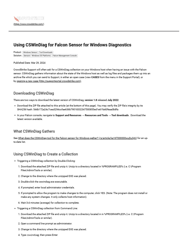Using cswindiag for falcon sensor for windows diagnostics pdf zip
