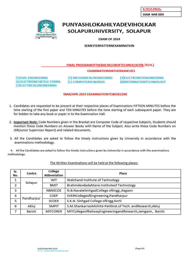 B.Tech Exam Schedule May 2024 | PDF | Engineering | Computer Science