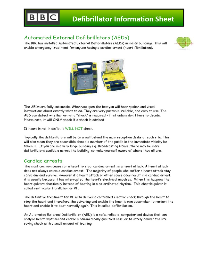 Defibrillator Information Sheet | PDF | Cardiopulmonary Resuscitation ...