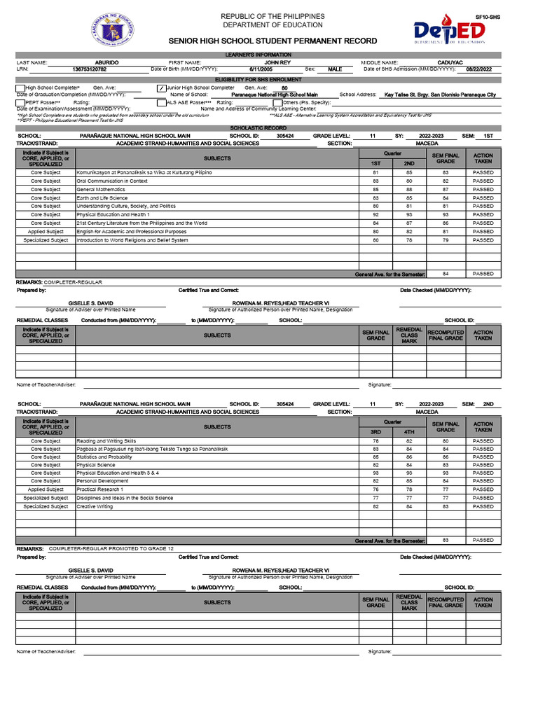 SF10 Record for John Rey Aburido | PDF | Middle Schools | Science