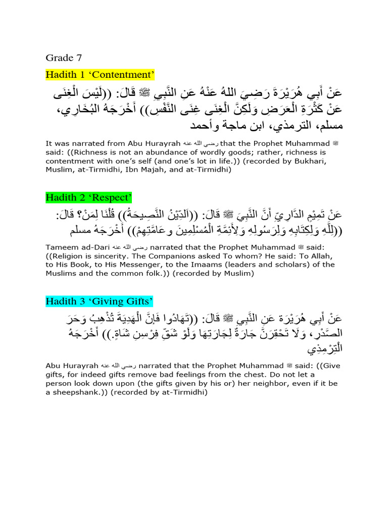 Key Hadiths on Contentment and Respect | PDF