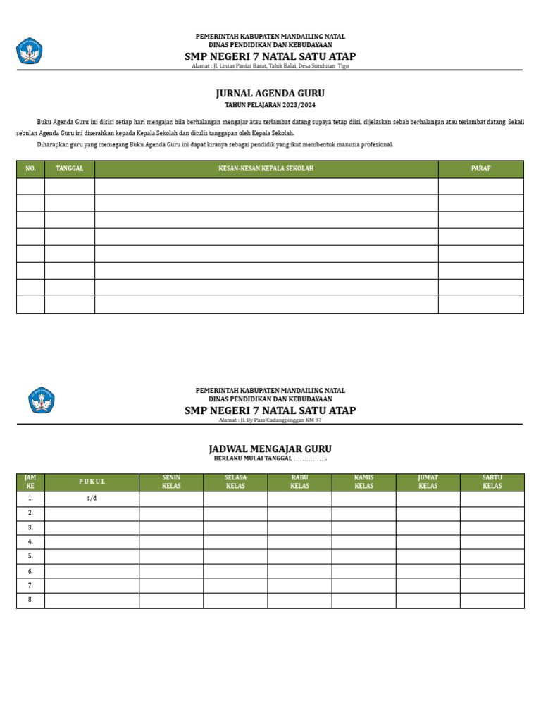 Jurnal Agenda dan Mengajar SMP 2023/2024 | PDF