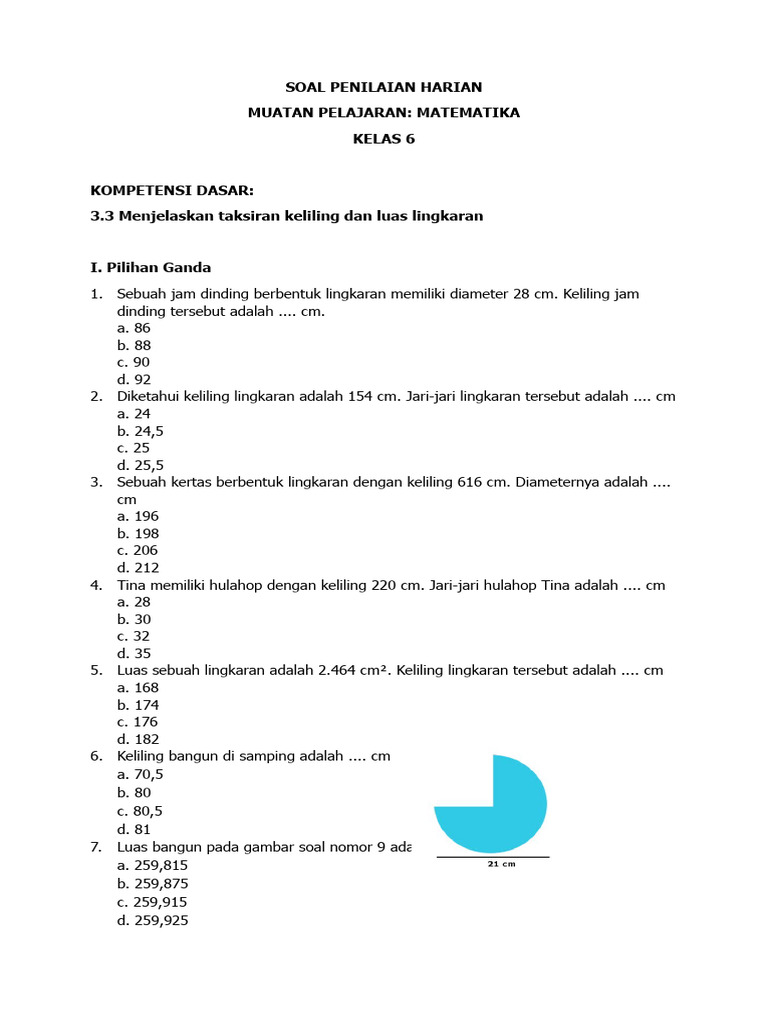 Soal Penilaian Harian Matematika Kelas 6 | PDF