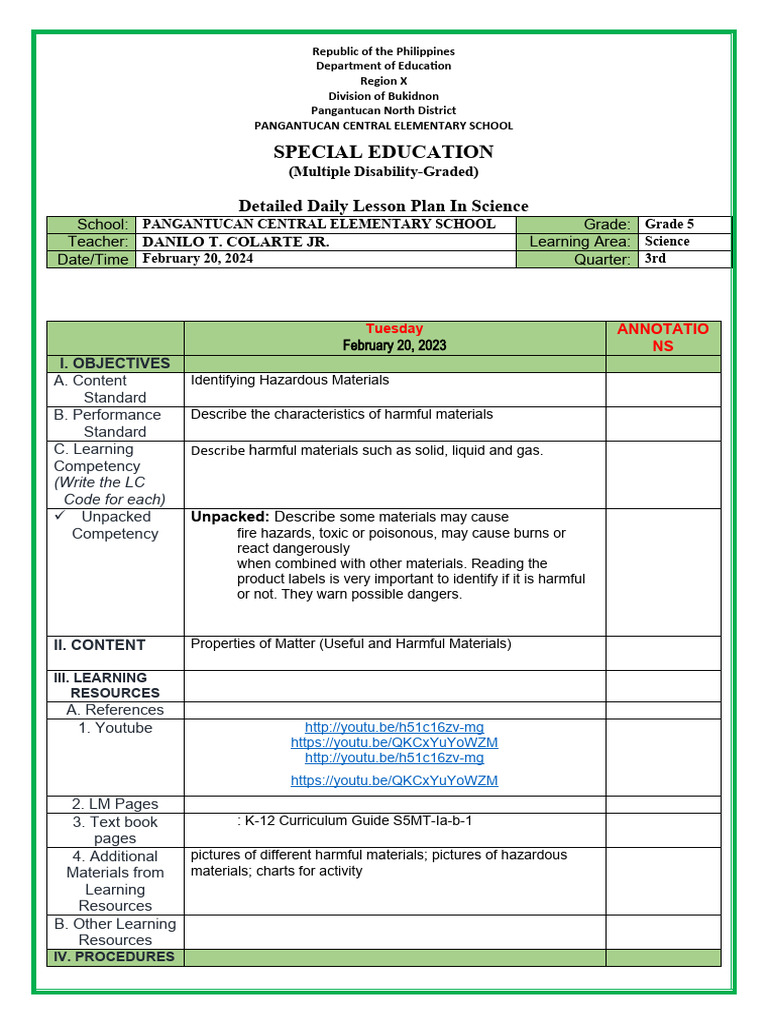 Grade 5 Science Lesson Plan: Hazardous Materials | PDF | Hazards ...
