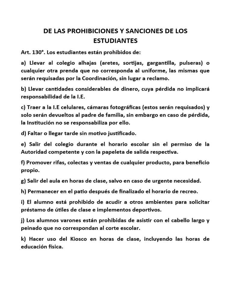 Prohibiciones y Sanciones Estudiantiles | PDF | Salón de clases | Moda