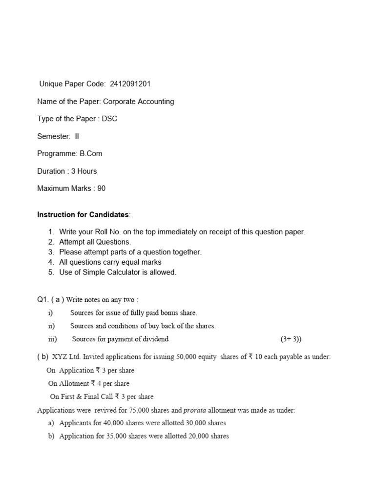 B.Com 2nd Sem Corporate Accounting Paper | PDF | Balance Sheet | Equity ...