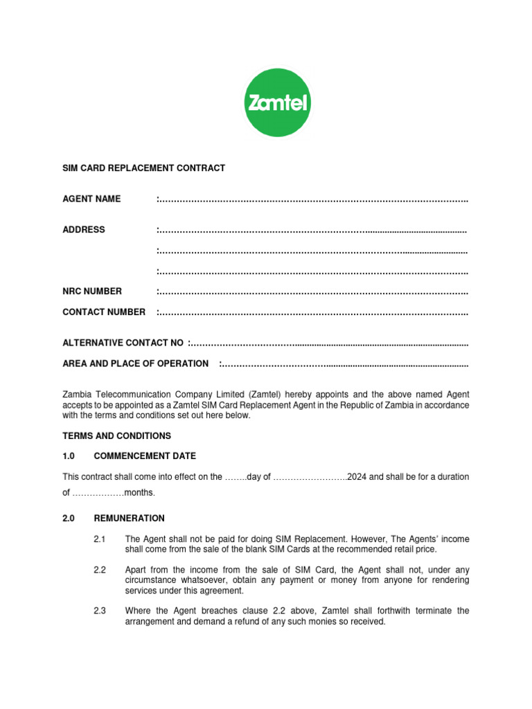 Zamtel SIM Card Replacement Contract | PDF | Business | Justice