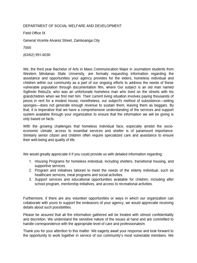 DSWD Letter | PDF | Homelessness