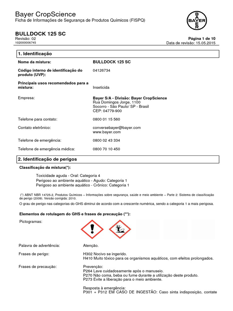 FISPQ do Inseticida Bulldock 125 SC | PDF | Embalagem e rotulagem