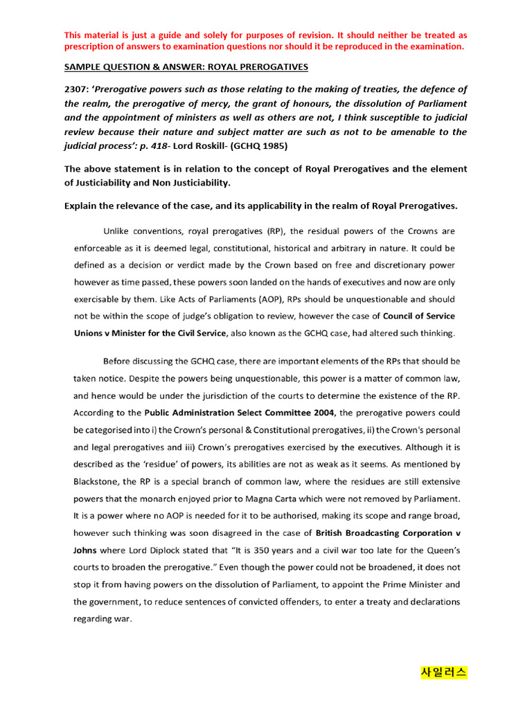 Understanding Royal Prerogatives in UK Law | PDF | Constitutional Law ...