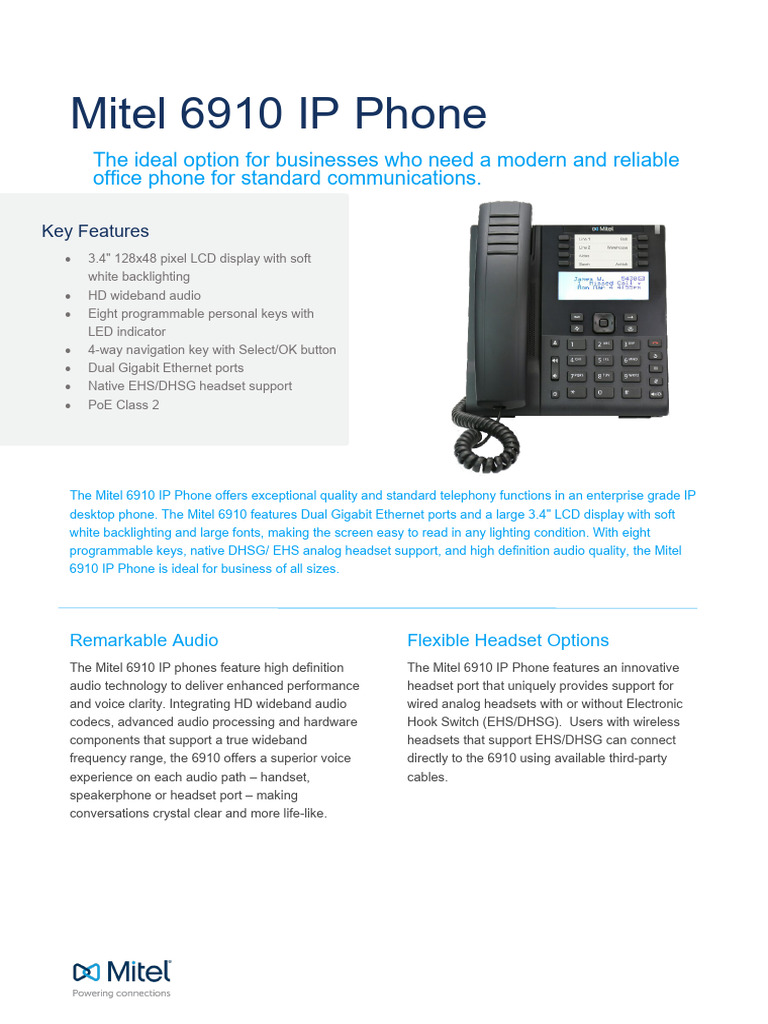 Datasheet Mitel 6910 | PDF | Telephone | Telecommunications