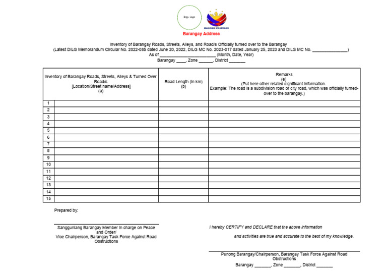 Barangay Roads and Streets Inventory | PDF