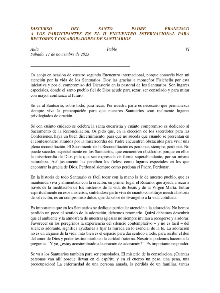 Discurso Del Santo Padre Francisco Pdf Oración Papa Francisco