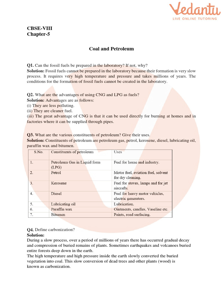 CBSE Class 8 Science Coal and Petroleum Worksheets With Answers