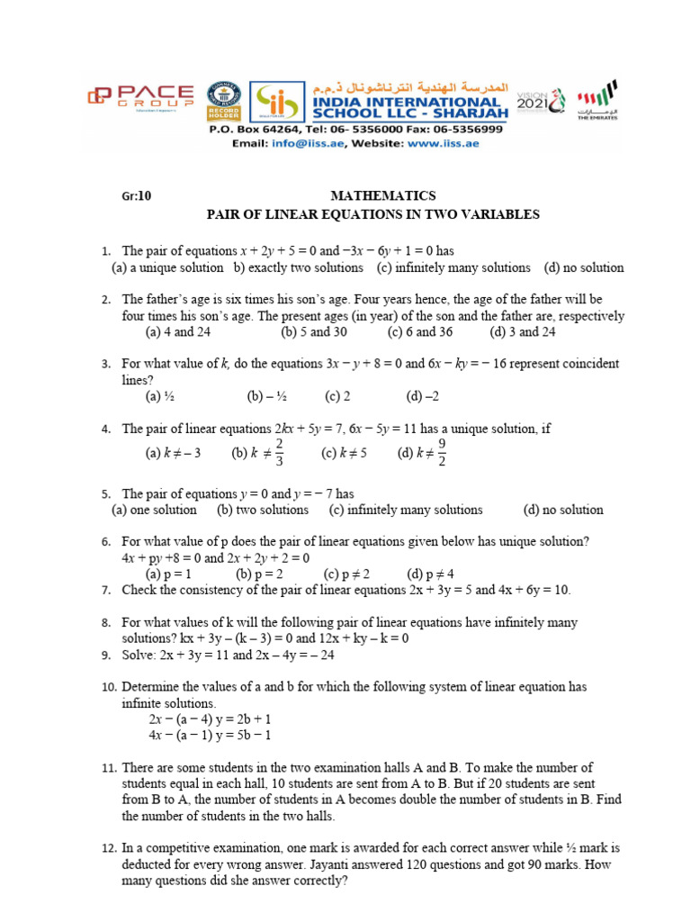 Linear Equations in Two Variables Solutions | PDF | Equations | System ...