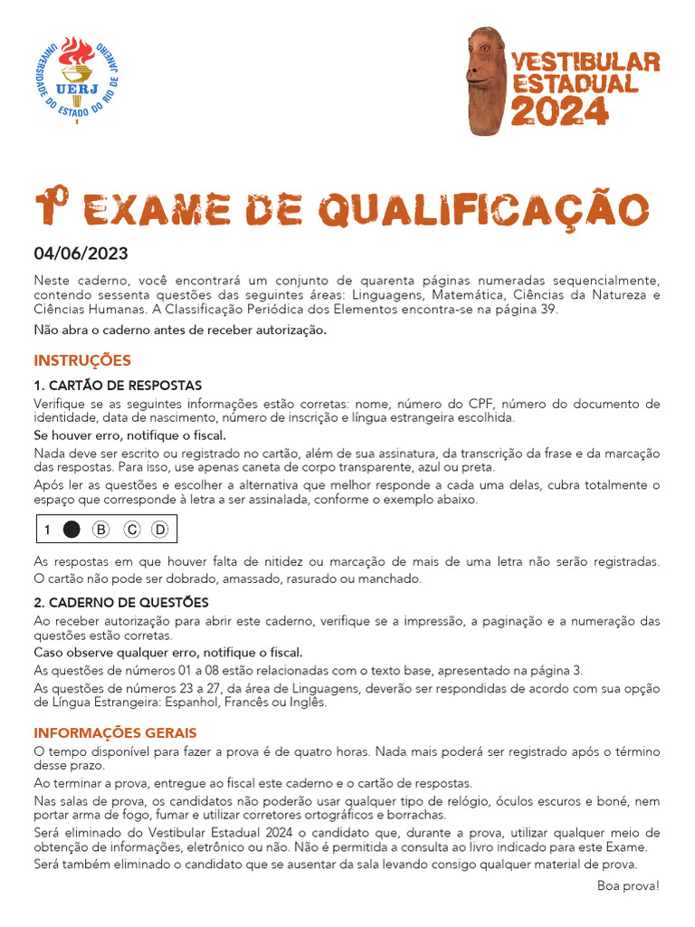 Provas Anteriores Uerj 2014 - 2024 Com Gabarito | Download grátis PDF ...
