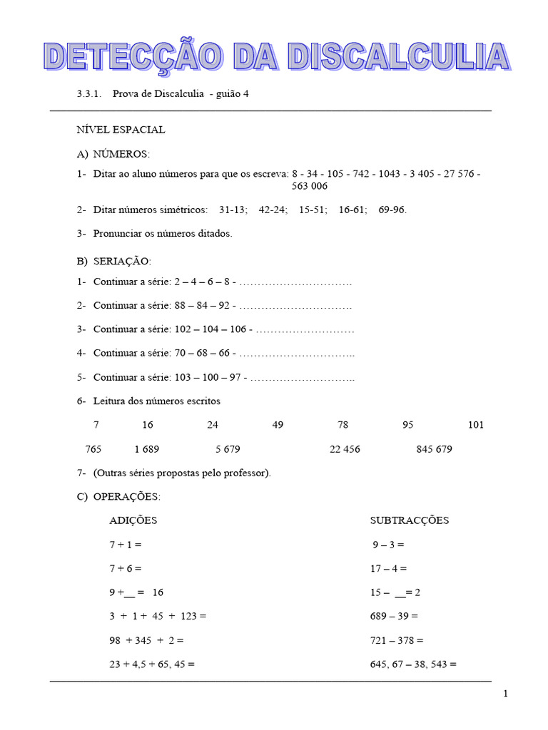 Exercícios para Discalculia: Prova e Correção | PDF | Números | Cálculo