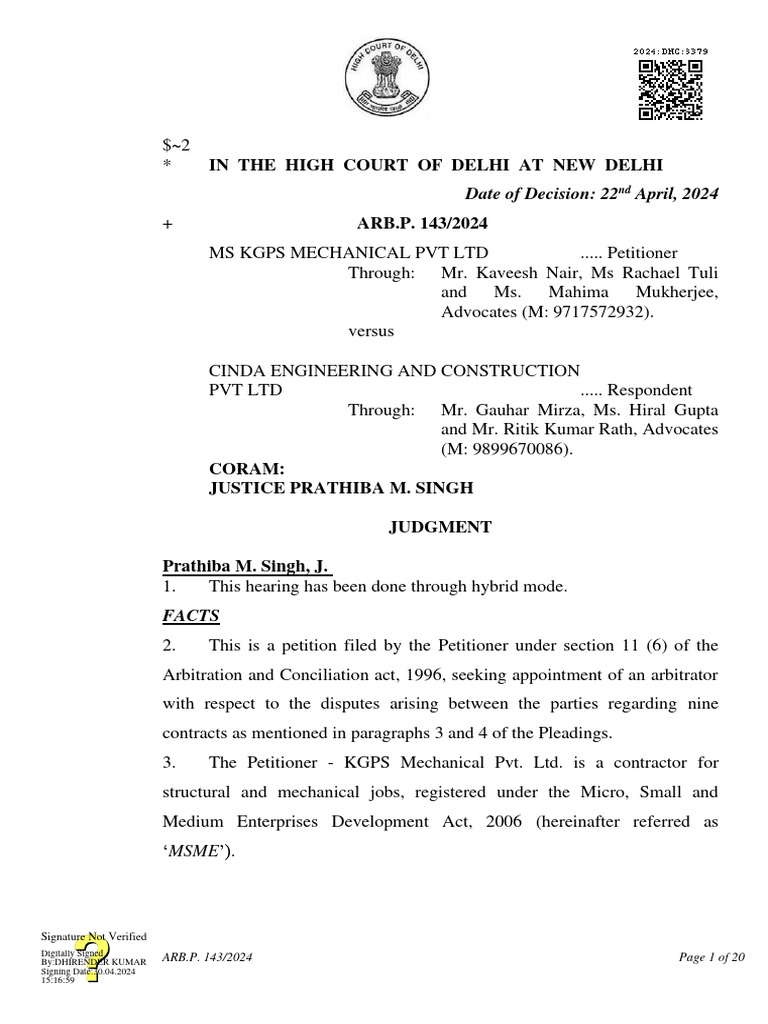 MS KGPS Mechanical PVT LTD V CINDA Engineering and Construction PVT LTD ...