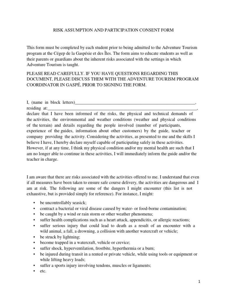 Adventure Tourism Risk Consent Form | PDF | Risk