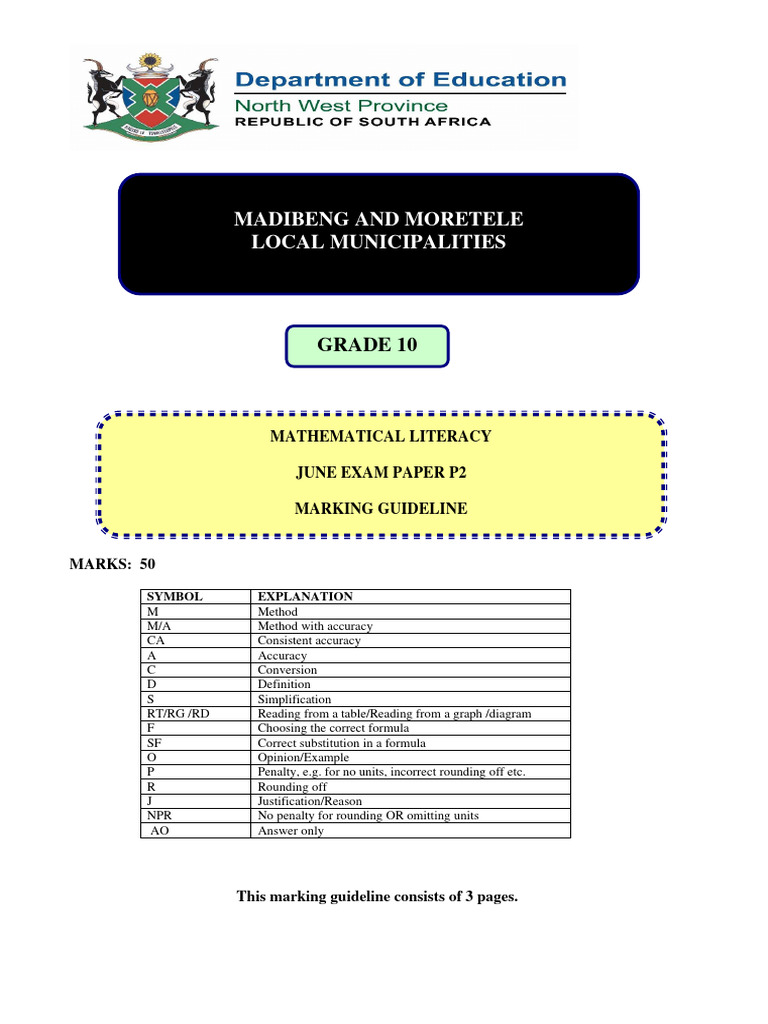 2023 Maths Lit Grade 10 June Exam Marking Guidelines Download Free PDF Mathematics