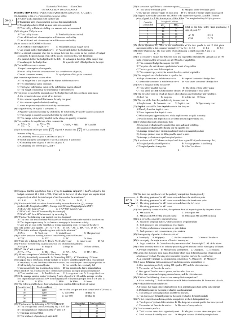 Economics Worksheet ExamClass | PDF | Utility | Marginal Cost
