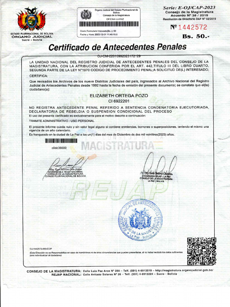 Apostilla Certificada De Bolivia PDF
