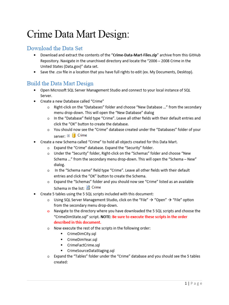 Crime Data Mart Setup Guide | PDF | Microsoft Sql Server | Databases