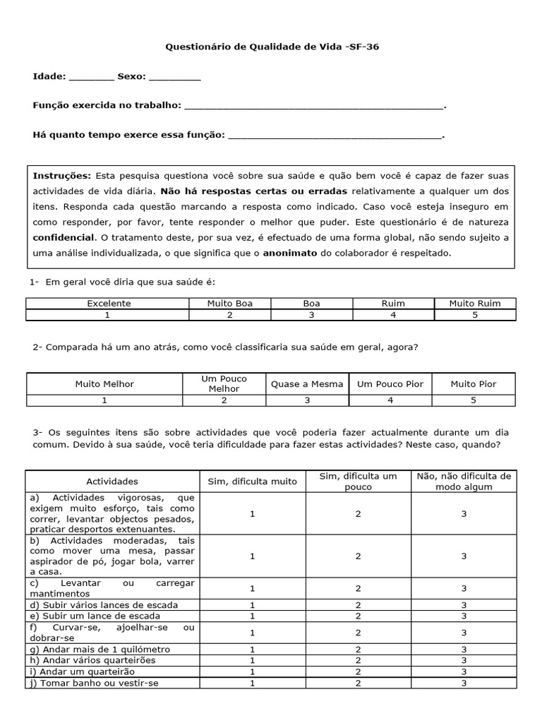 Questionário de Qualidade de Vida SF - 36 | PDF | Tempo | Dor